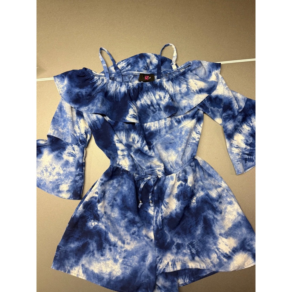 IZ Girl Blue Tie Dye Cold Shoulder Romper Bell Sleeve Girls Size M 10-12